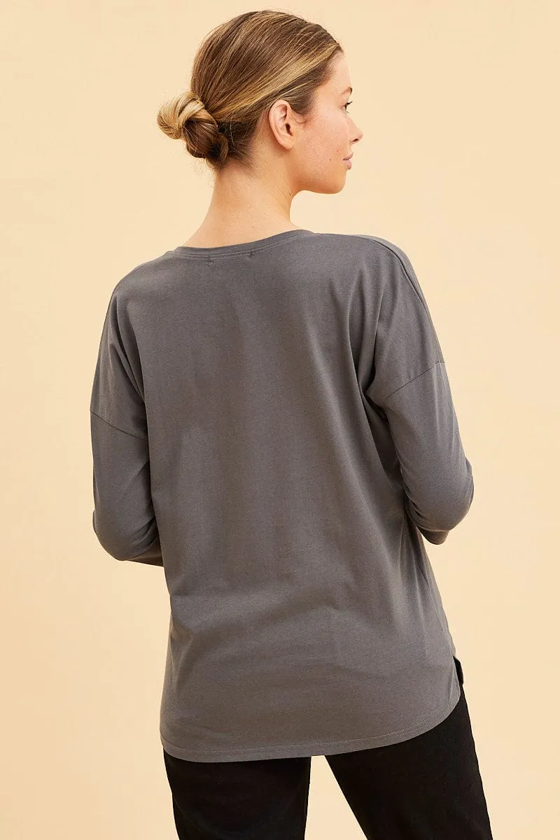 Grey Cotton Top 3/4 Sleeve Drop Shoulder Relaxed Fit sold by Ally Fashion product image thumbnail 5