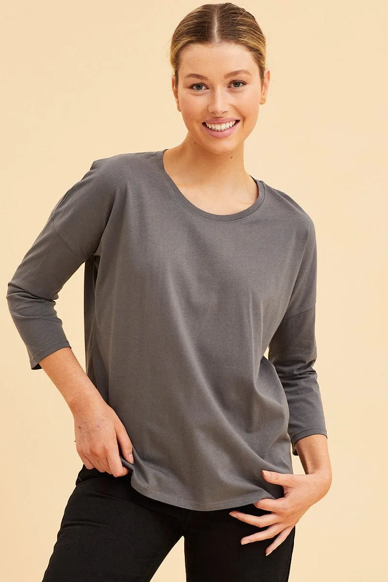 Grey Cotton Top 3/4 Sleeve Drop Shoulder Relaxed Fit sold by Ally Fashion