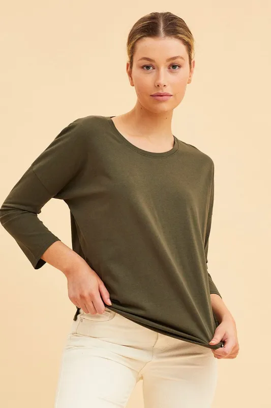 Green Cotton Top 3/4 Sleeve Drop Shoulder Relaxed Fit sold by Ally Fashion
