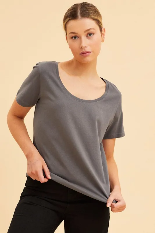 Grey Relaxed T-Shirt Scoop Neck Short Sleeve sold by Ally Fashion