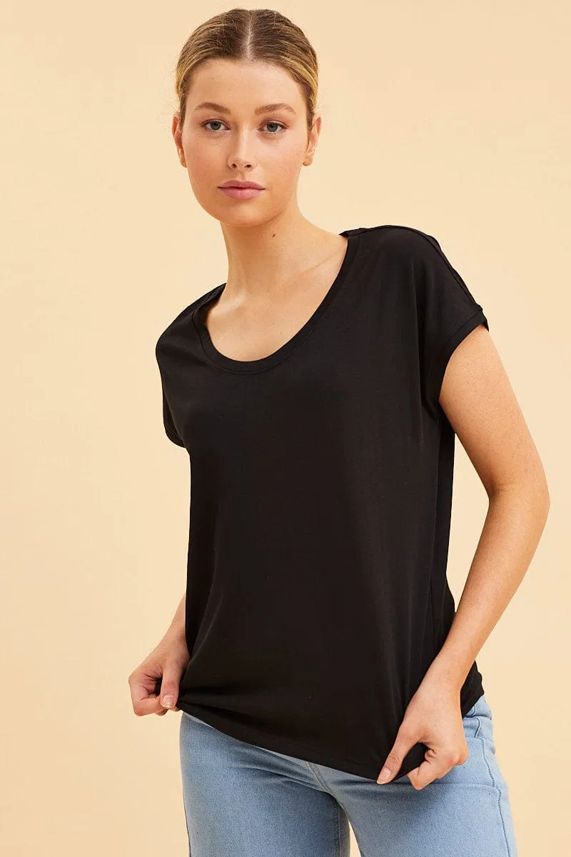 Black Relaxed T-Shirt Scoop Neck Drop Shoulder sold by Ally Fashion