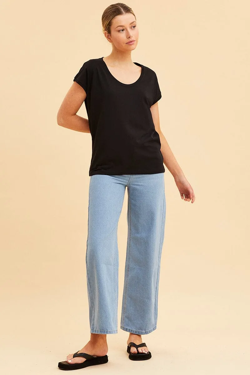 Black Relaxed T-Shirt Scoop Neck Drop Shoulder sold by Ally Fashion product image thumbnail 2