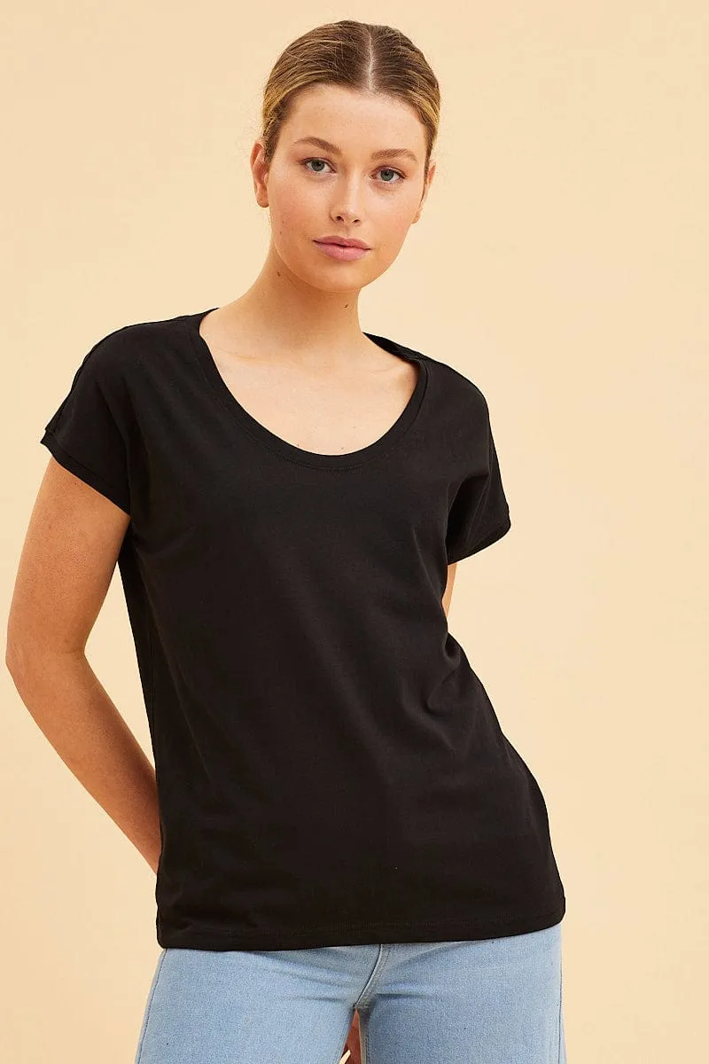 Black Relaxed T-Shirt Scoop Neck Drop Shoulder sold by Ally Fashion product image thumbnail 3