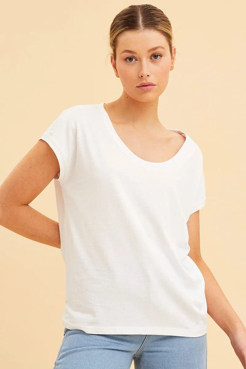 White Relaxed T-Shirt Scoop Neck Drop Shoulder sold by Ally Fashion