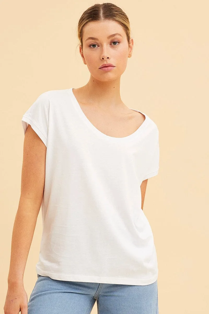 White Relaxed T-Shirt Scoop Neck Drop Shoulder sold by Ally Fashion product image thumbnail 3