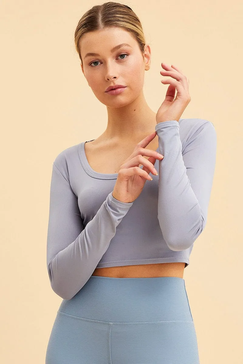 Blue Crop Top Smooth Long Sleeve Scoop Neck sold by Ally Fashion