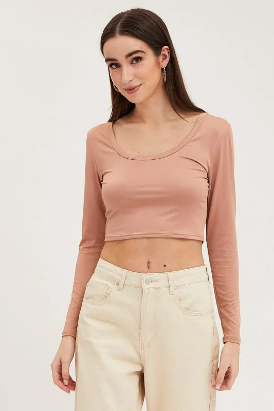 Brown Crop Top Smooth Long Sleeve Scoop Neck sold by Ally Fashion