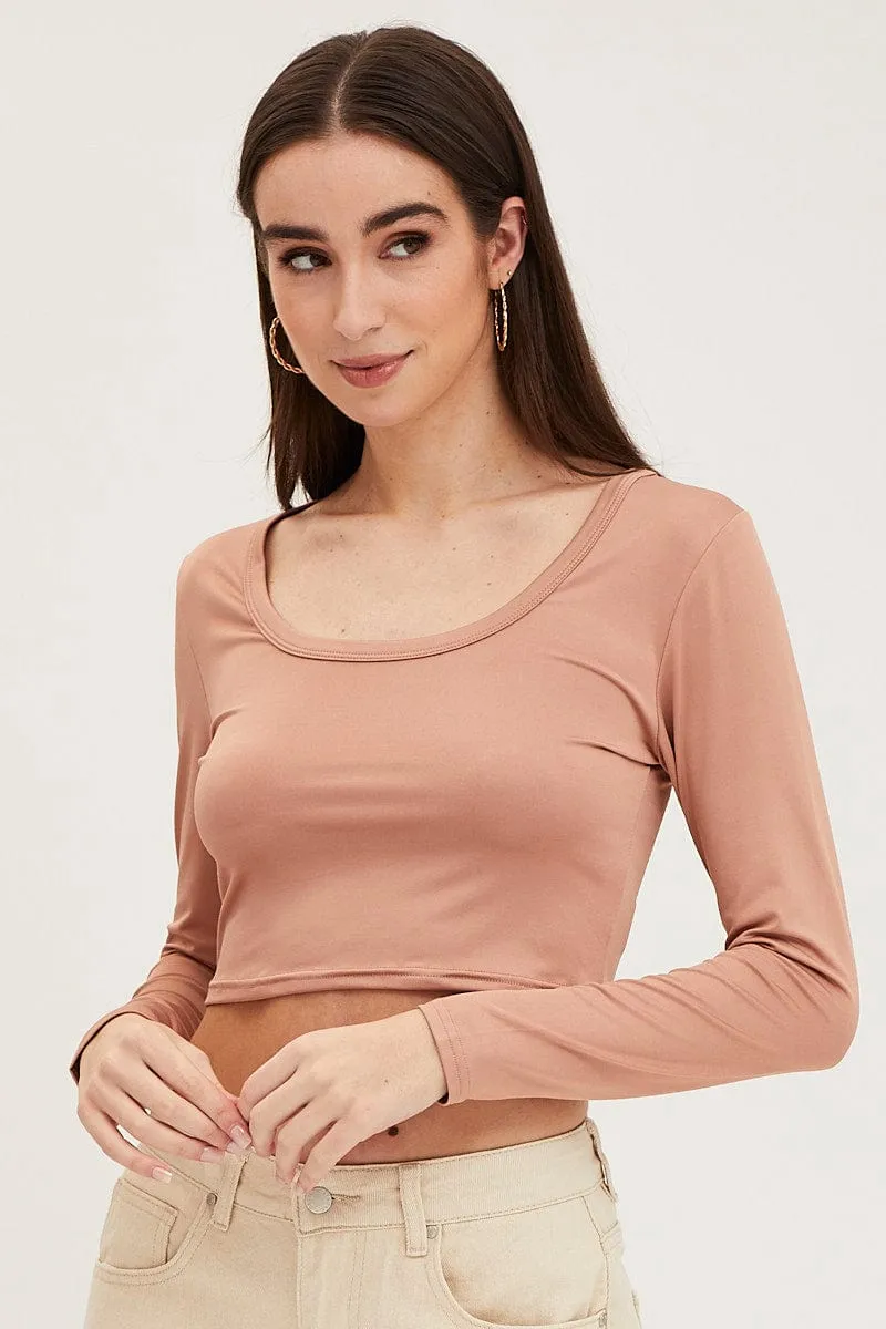 Brown Crop Top Smooth Long Sleeve Scoop Neck sold by Ally Fashion product image thumbnail 3