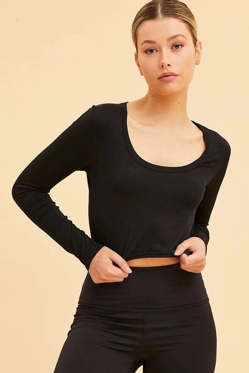 Black Crop Top Smooth Long Sleeve Scoop Neck sold by Ally Fashion product image thumbnail 3