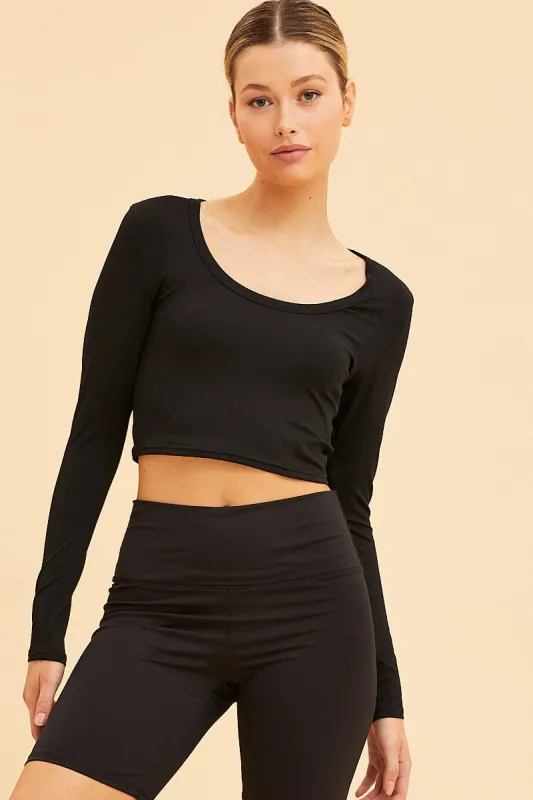 Black Crop Top Smooth Long Sleeve Scoop Neck sold by Ally Fashion