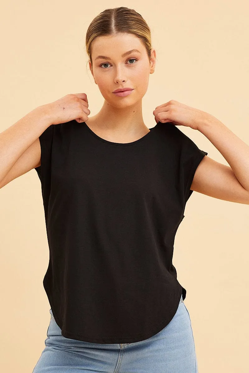 Black Relaxed T-Shirt Drop Shoulder Curved Hem Crew Neck sold by Ally Fashion