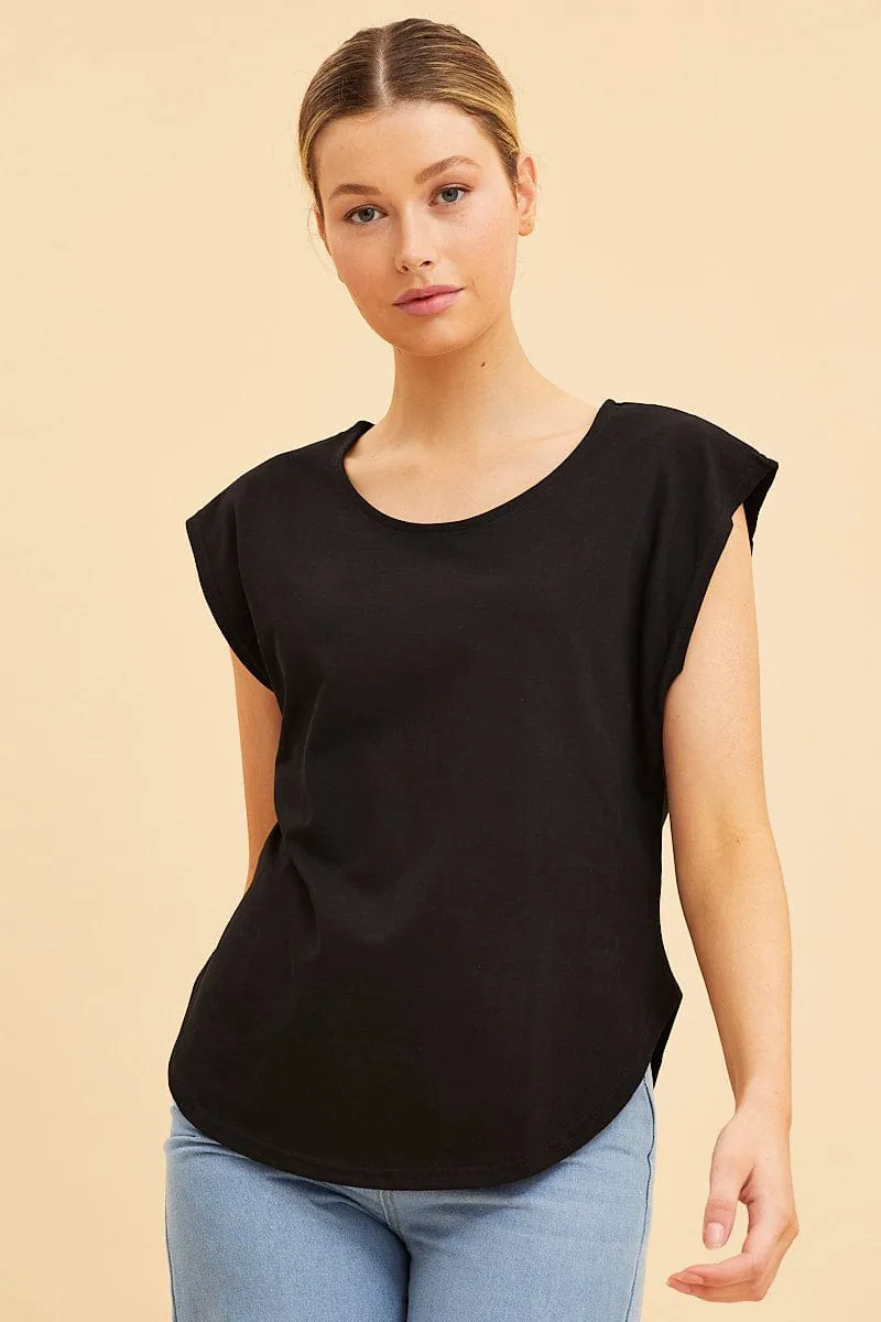 Black Relaxed T-Shirt Drop Shoulder Curved Hem Crew Neck sold by Ally Fashion product image thumbnail 3