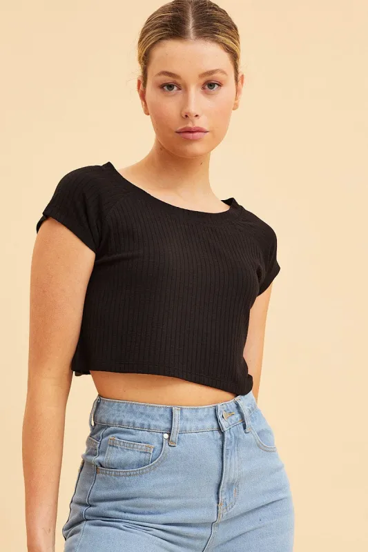 Black Cropped T-Shirt Wide Rib Crew Neck Short Sleeve sold by Ally Fashion