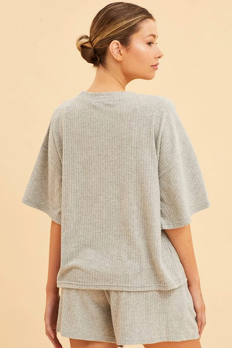 Grey Lounge T-Shirt Waffle Crew Neck Short Sleeve sold by Ally Fashion product image thumbnail 5