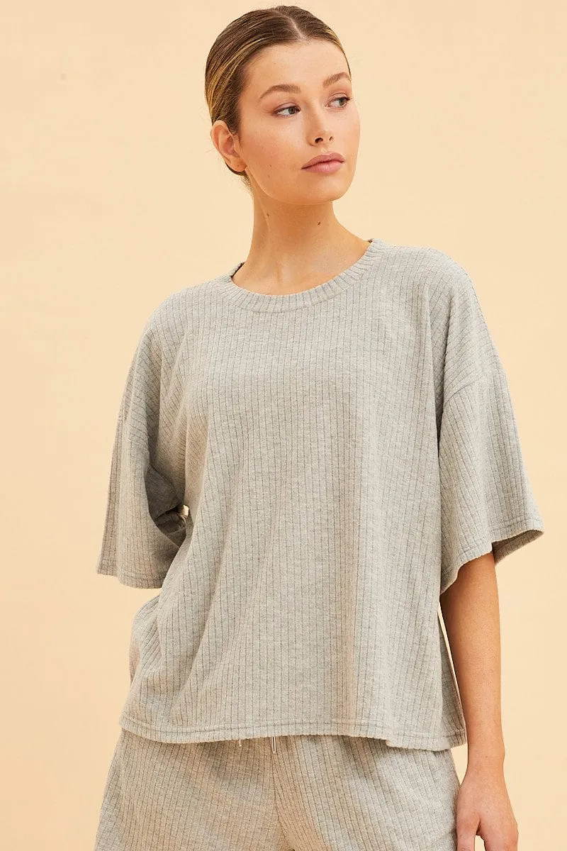 Grey Lounge T-Shirt Waffle Crew Neck Short Sleeve sold by Ally Fashion product image thumbnail 3