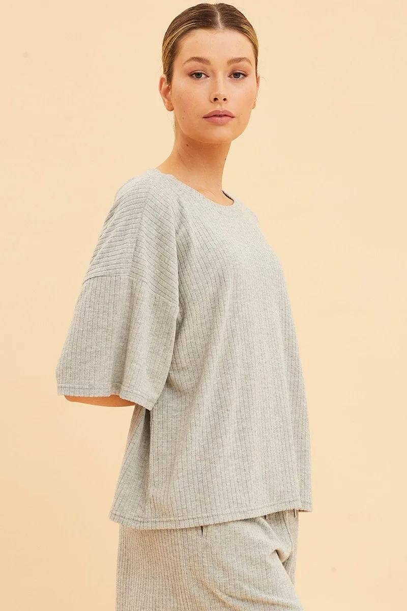 Grey Lounge T-Shirt Waffle Crew Neck Short Sleeve sold by Ally Fashion product image thumbnail 4