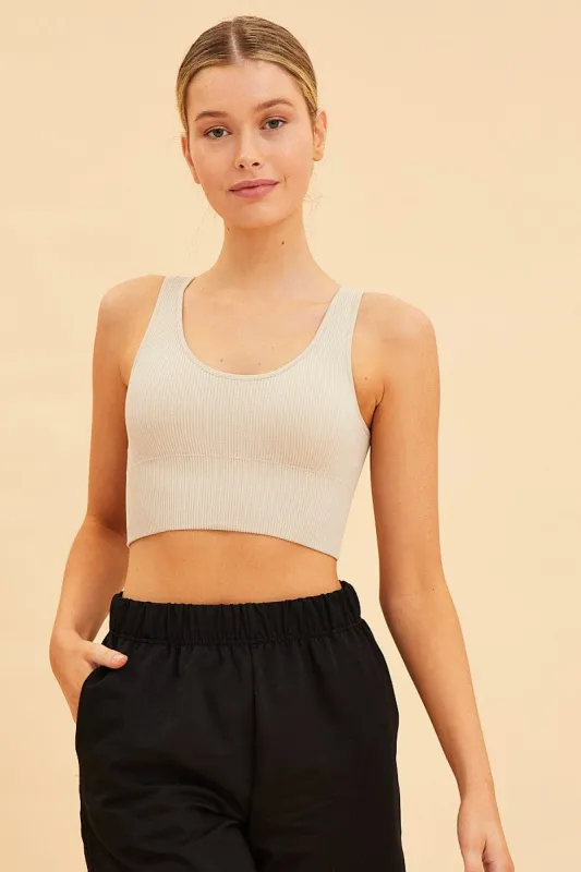 Beige Bone Seamless Tank Top Scoop Neck Rib Crop sold by Ally Fashion