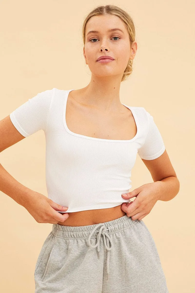 White Seamless T-Shirt Crop Short Sleeve Square Neck sold by Ally Fashion