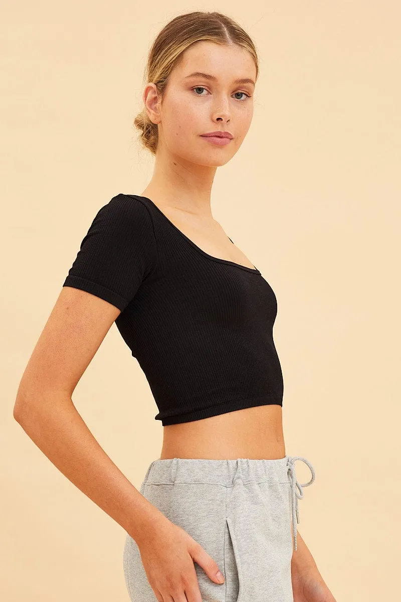 Black Seamless T-Shirt Crop Short Sleeve Square Neck sold by Ally Fashion product image thumbnail 4