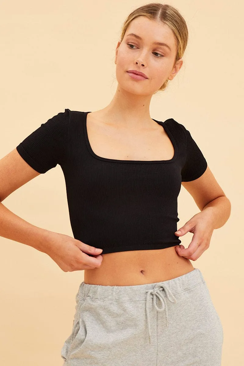 Black Seamless T-Shirt Crop Short Sleeve Square Neck sold by Ally Fashion product image thumbnail 3