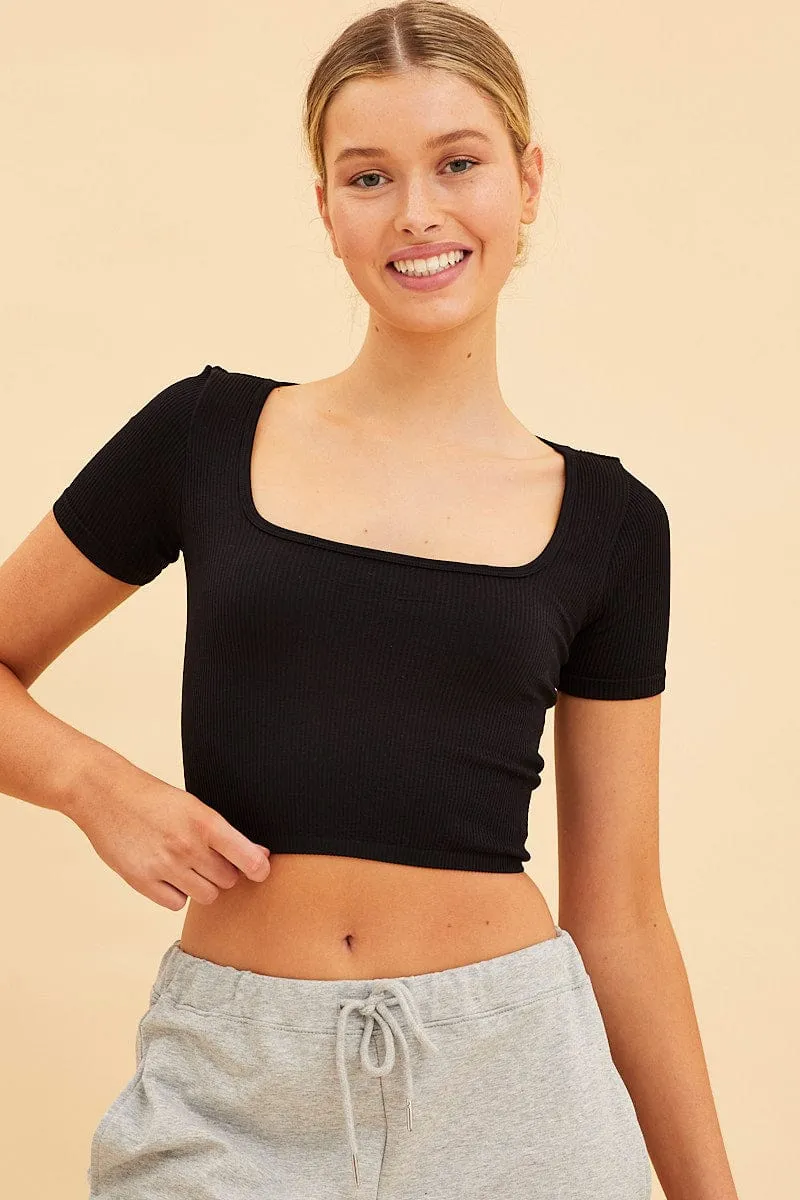 Black Seamless T-Shirt Crop Short Sleeve Square Neck sold by Ally Fashion