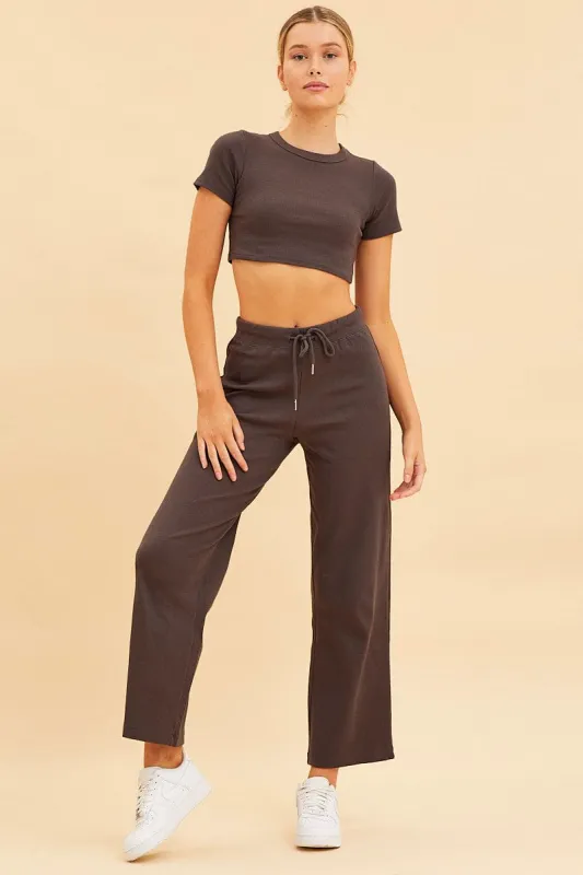 Grey Wide Leg Pant Rib Crop Drawstring Waist sold by Ally Fashion