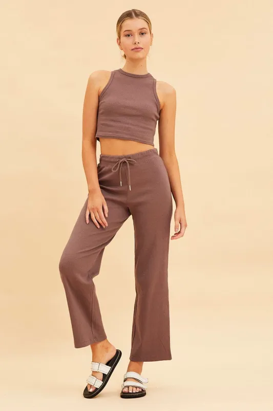 Brown Wide Leg Pant Rib Crop Drawstring Waist sold by Ally Fashion