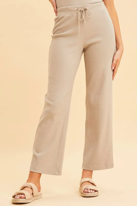 Beige Wide Leg Pant Rib Crop Drawstring Waist sold by Ally Fashion