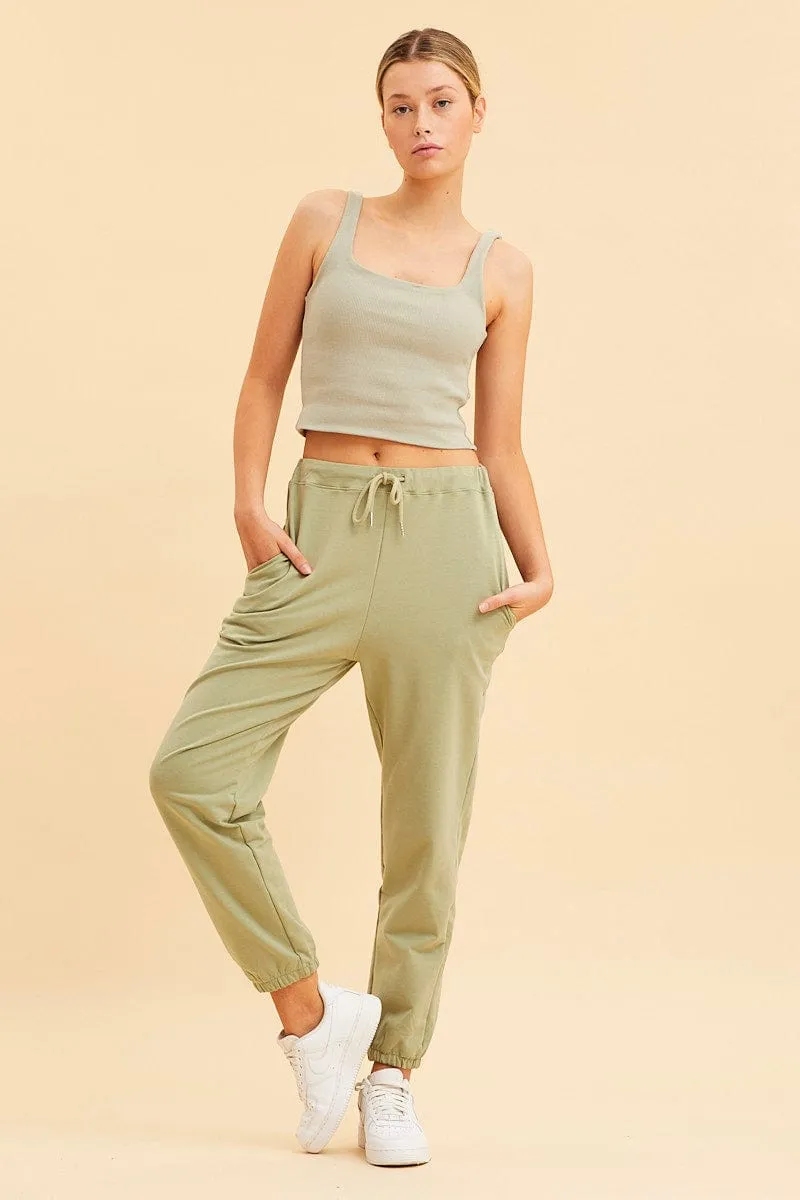 Green Lounge Pant Cotton Terry Stretch Drawstring Waist sold by Ally Fashion product image thumbnail 2