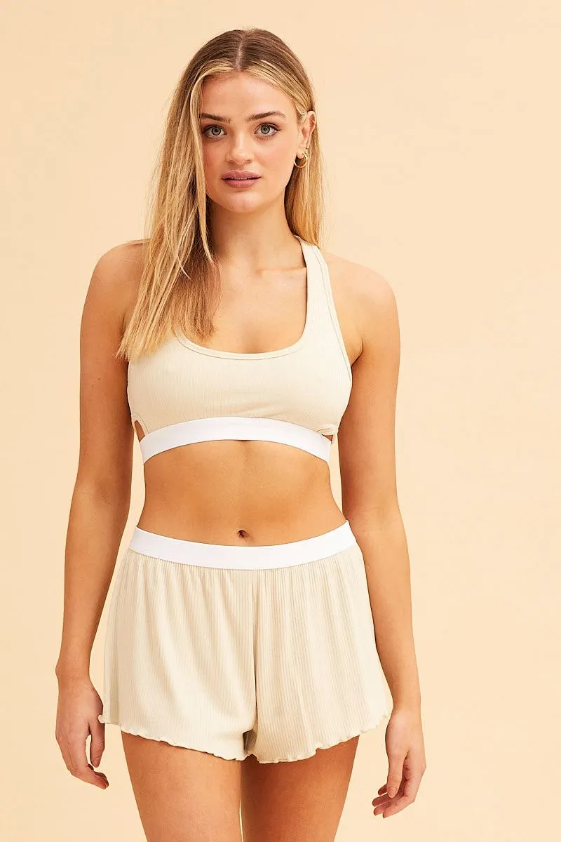 Beige Mia Soft Rib Elastic Waist Shorts sold by Ally Fashion