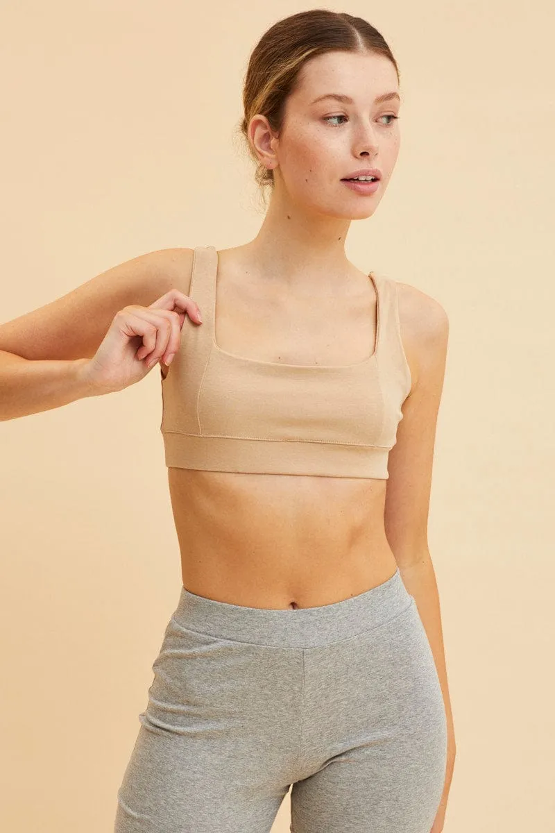 Beige Crop Top Square Neck Cotton Stretch sold by Ally Fashion