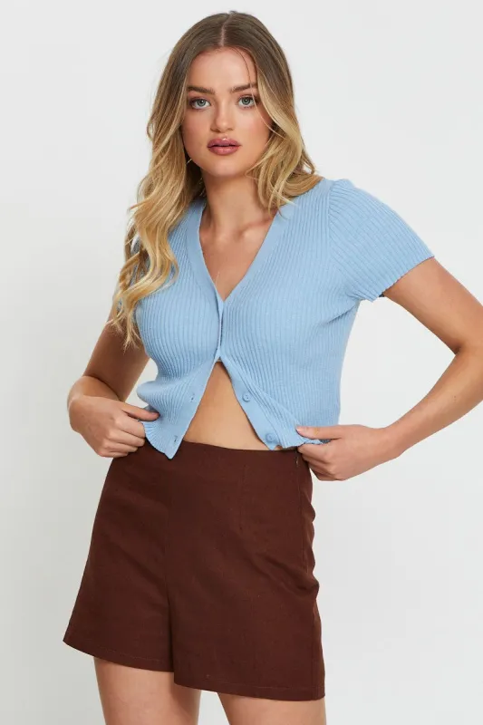Blue Knit Cardigan Short Sleeve Crop V-Neck sold by Ally Fashion