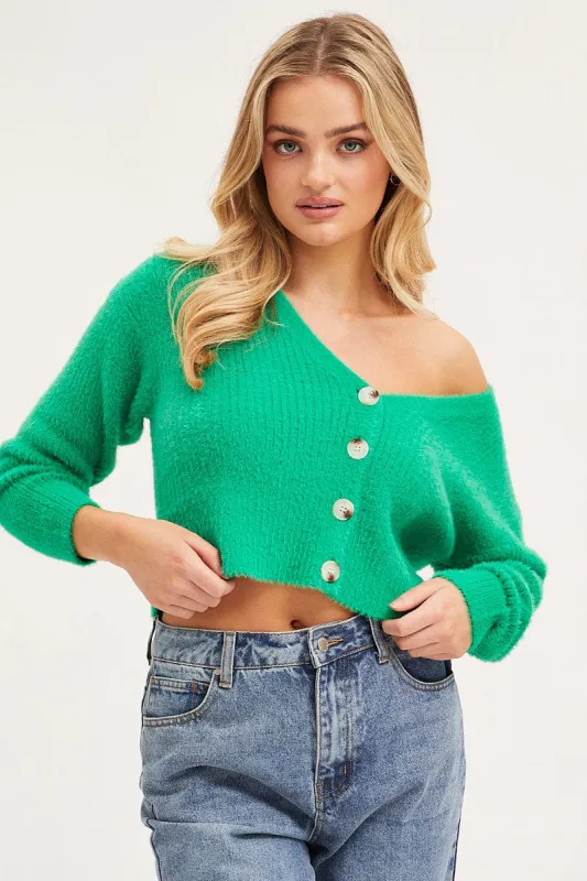 Green Knit Cardigan Long Sleeve Crop V-Neck sold by Ally Fashion
