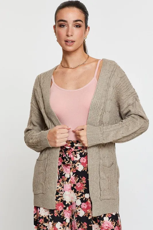 Beige Knit Cardigan Long Sleeve Relaxed Cable sold by Ally Fashion