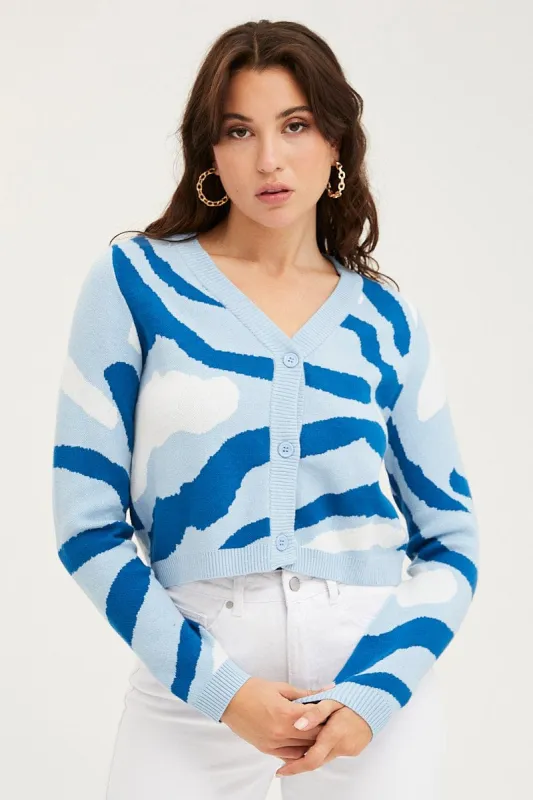Abstract Print Knit Cardigan Long Sleeve V-Neck sold by Ally Fashion
