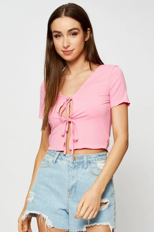 Pink Crop Cardigan Short Sleeve Tie Front sold by Ally Fashion