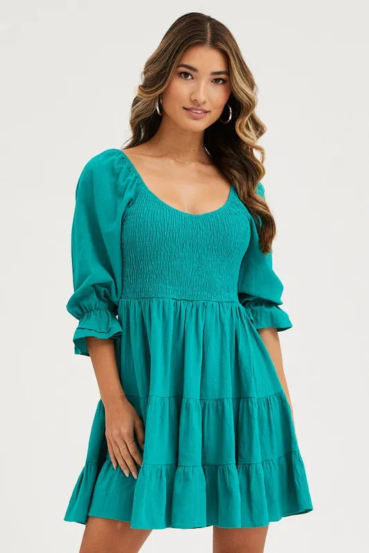 Green Fit And Flare Dress Long Sleeve Sweetheart Neck sold by Ally Fashion