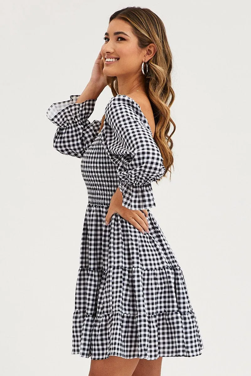 Check Fit And Flare Dress Long Sleeve Sweetheart Neck sold by Ally Fashion product image thumbnail 4