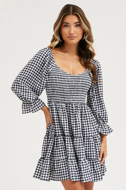 Check Fit And Flare Dress Long Sleeve Sweetheart Neck sold by Ally Fashion