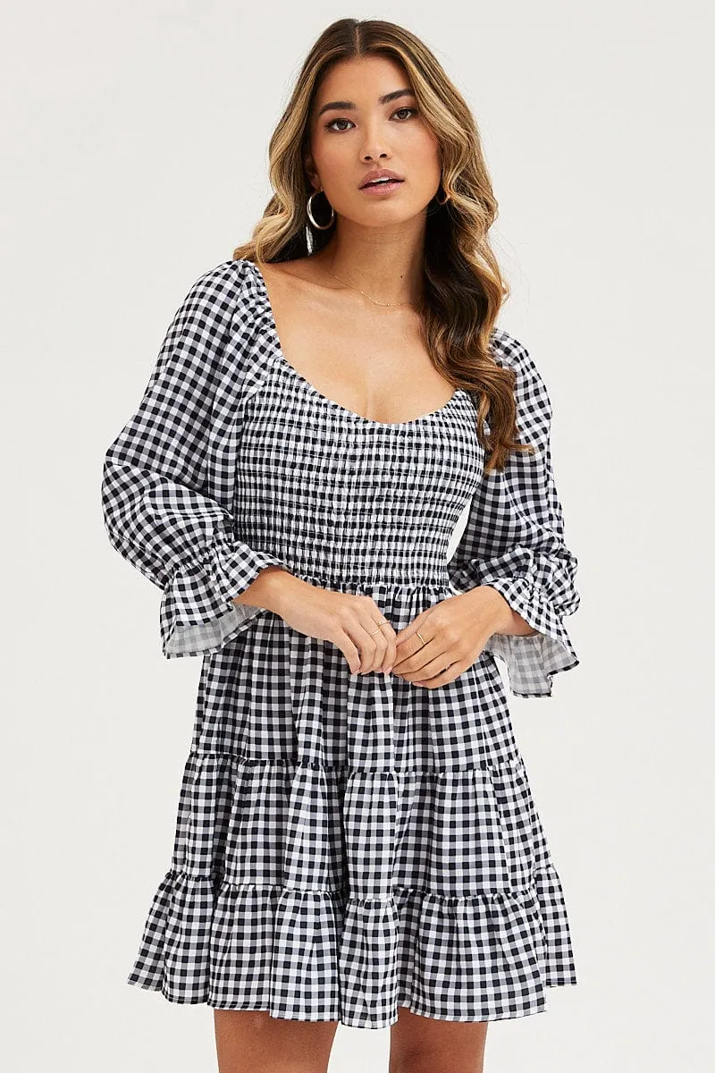 Check Fit And Flare Dress Long Sleeve Sweetheart Neck sold by Ally Fashion product image thumbnail 3