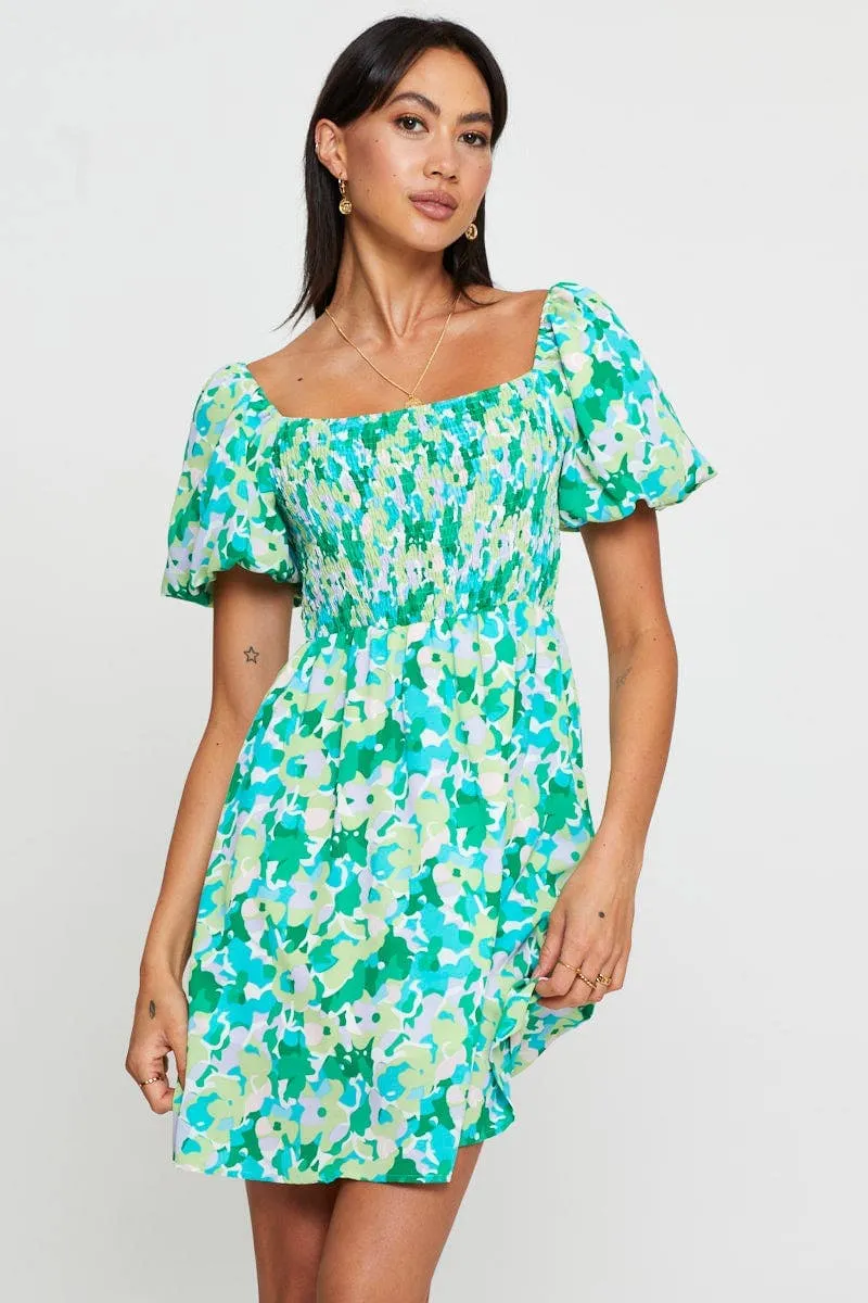 Print Fit And Flare Dress Short Sleeve Square Neck sold by Ally Fashion