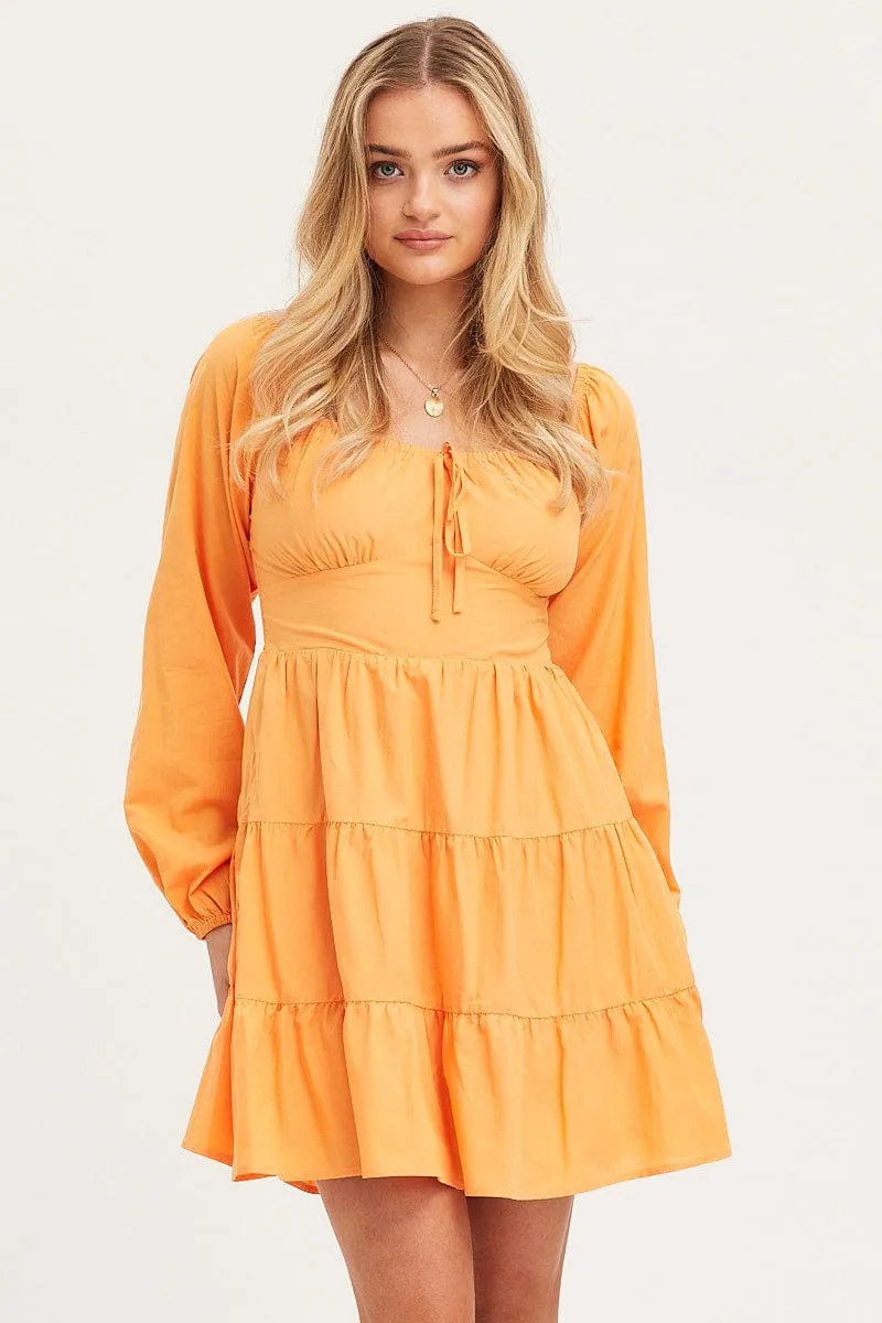 Orange Fit And Flare Dress Long Sleeve Square Neck sold by Ally Fashion product image thumbnail 3