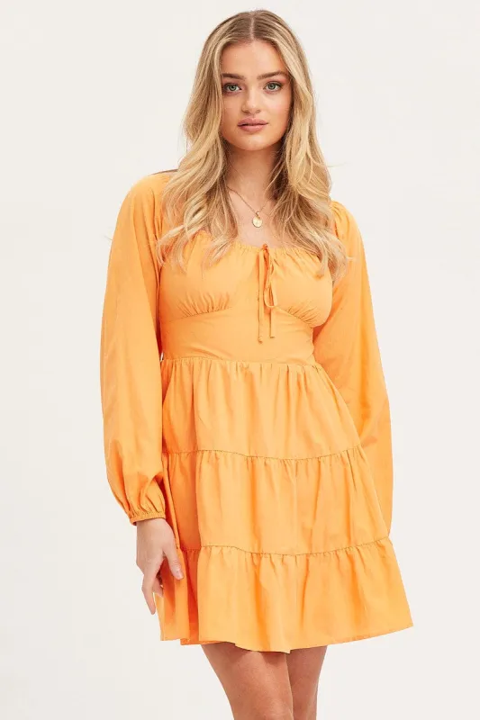 Orange Fit And Flare Dress Long Sleeve Square Neck sold by Ally Fashion