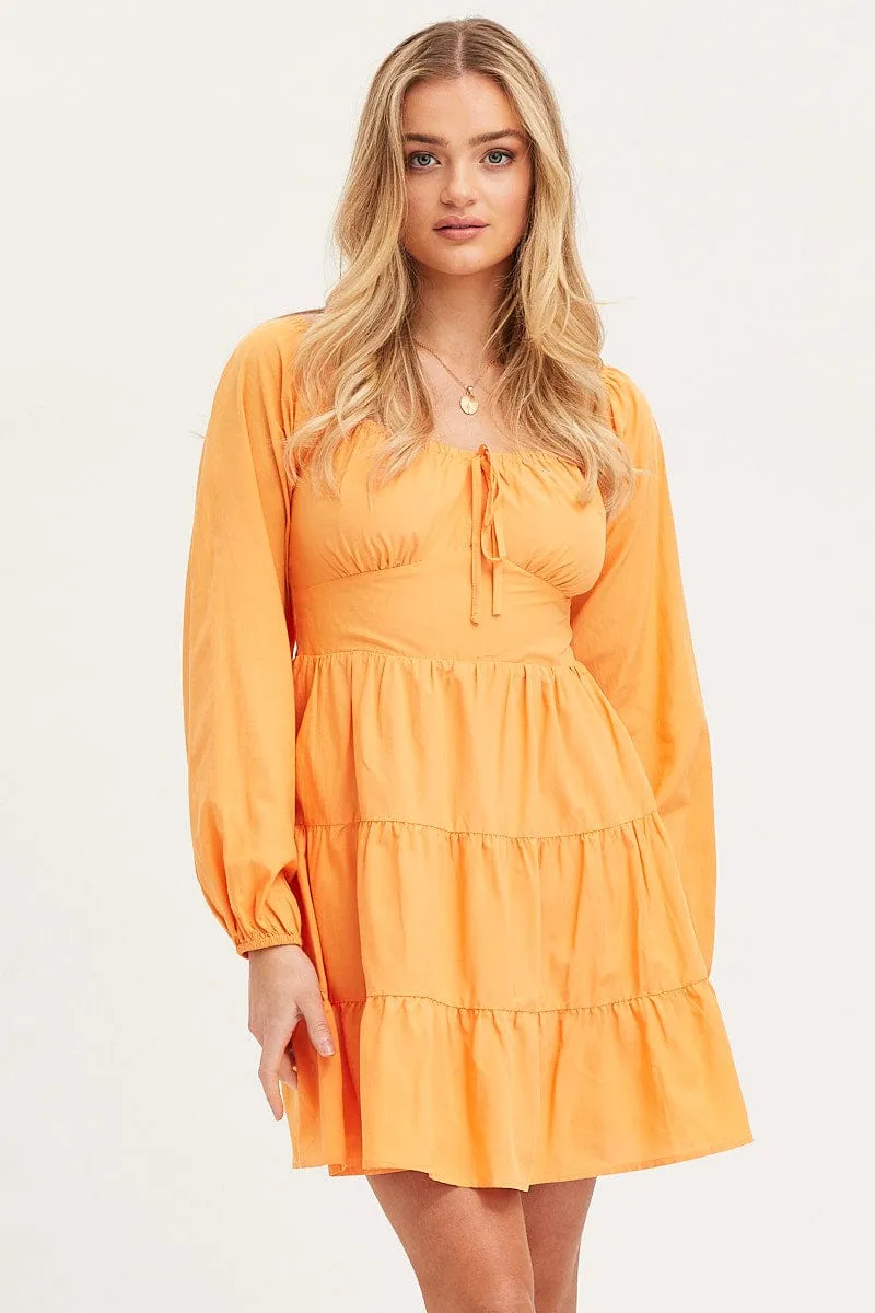 Orange Fit And Flare Dress Long Sleeve Square Neck sold by Ally Fashion