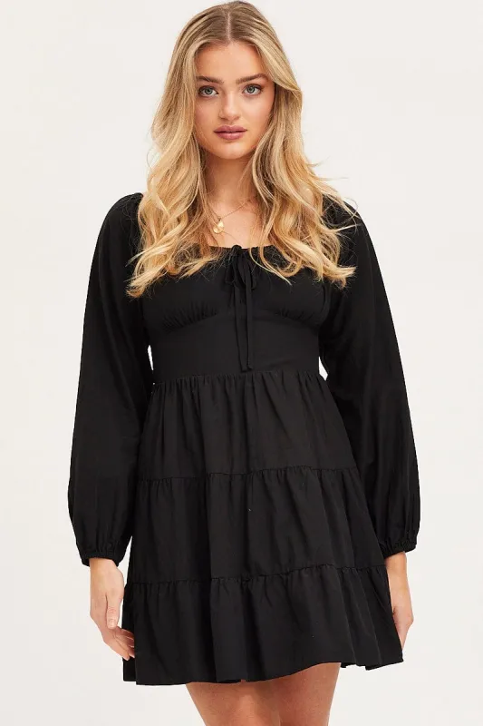 Black Fit And Flare Dress Long Sleeve Square Neck made by Ally Fashion
