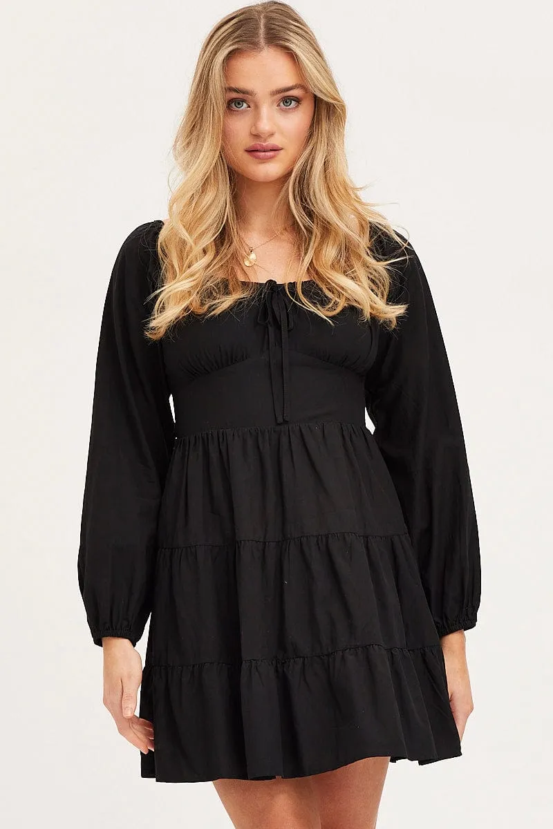 Black Fit And Flare Dress Long Sleeve Square Neck sold by Ally Fashion