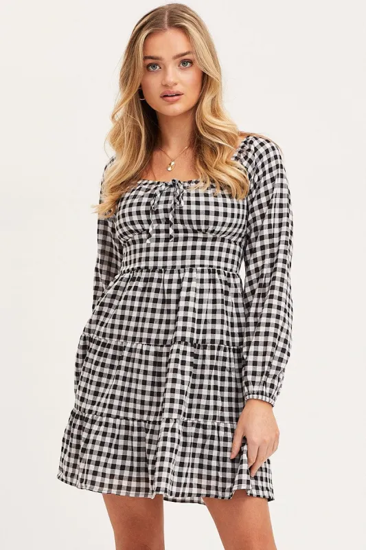 Check Fit And Flare Dress Long Sleeve Square Neck sold by Ally Fashion