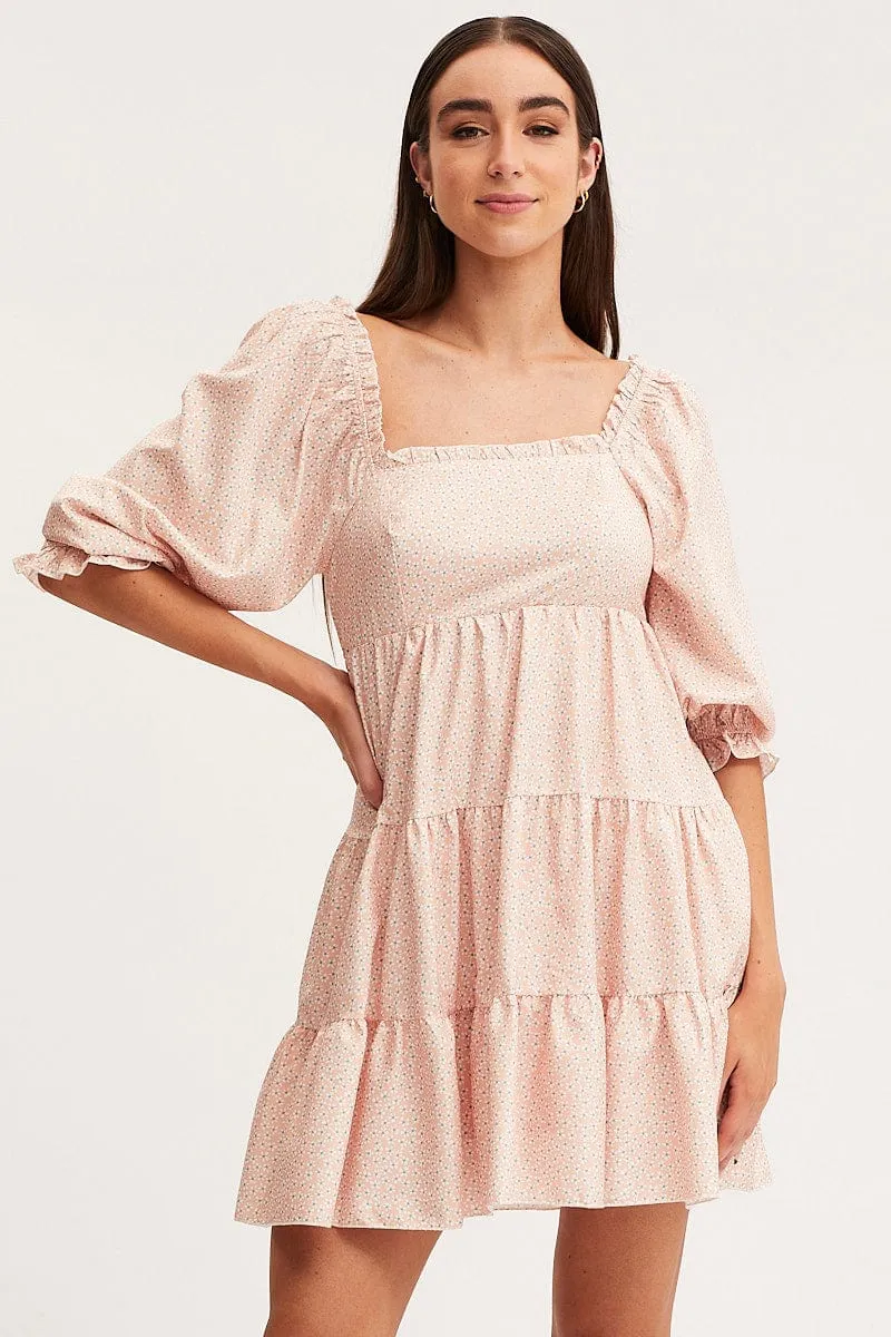 Ditsy Print Fit And Flare Dress Long Sleeve Square Neck sold by Ally Fashion