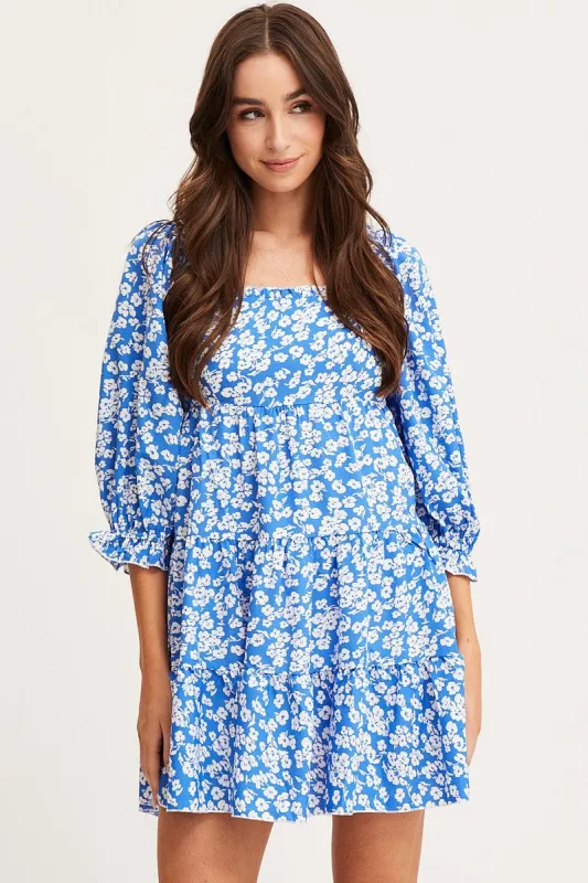 Ditsy Print Fit And Flare Dress Long Sleeve Square Neck sold by Ally Fashion