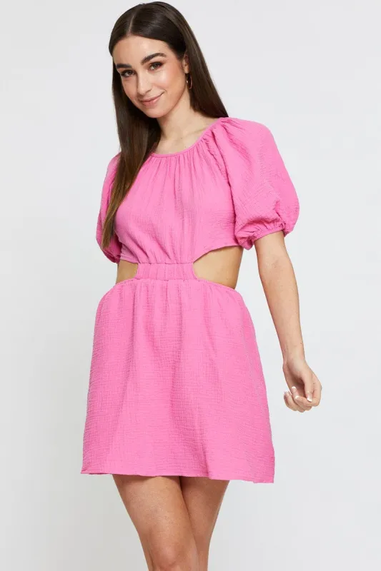 Pink Mini Dress Short Sleeve Round Neck sold by Ally Fashion